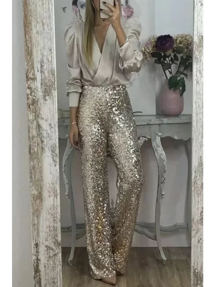 Dame Festbukser Glitrende Paljetter Polyester Elastisk Midjebånd 1