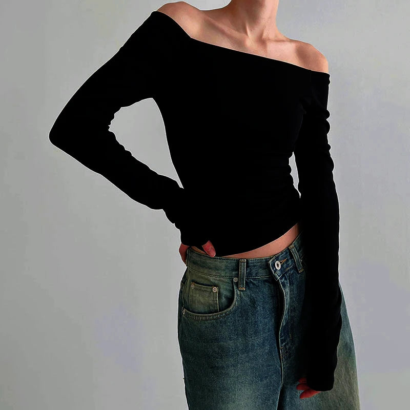 Solide off shoulder topper med lange ermer
