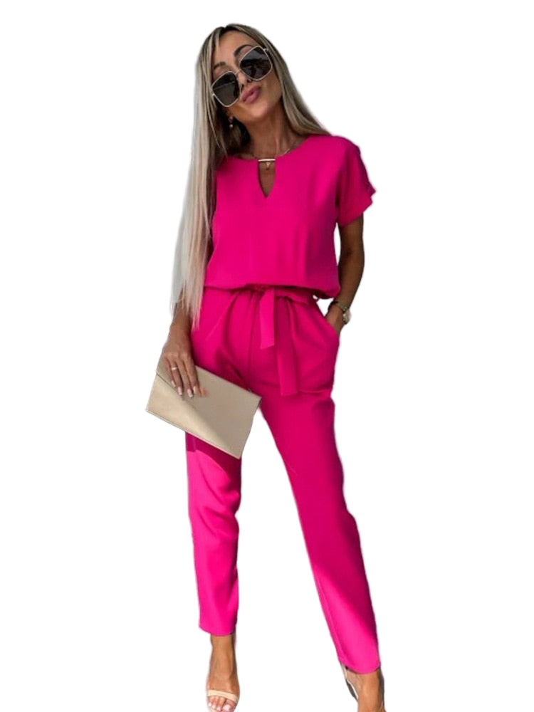Kvinne Jumpsuit V-hals Korte Ermer Polyester-1