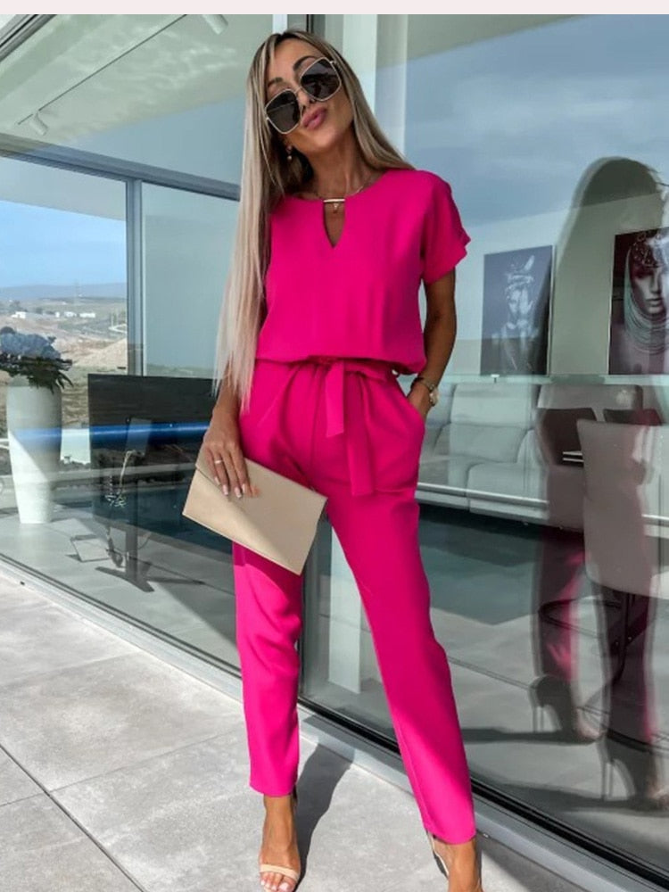 Kvinne Jumpsuit V-hals Korte Ermer Polyester-1