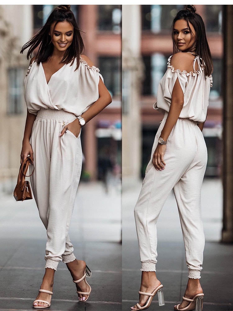 Dame Jumpsuit Åpne Skuldre V-hals Polyester Elegant Komfortabel-4