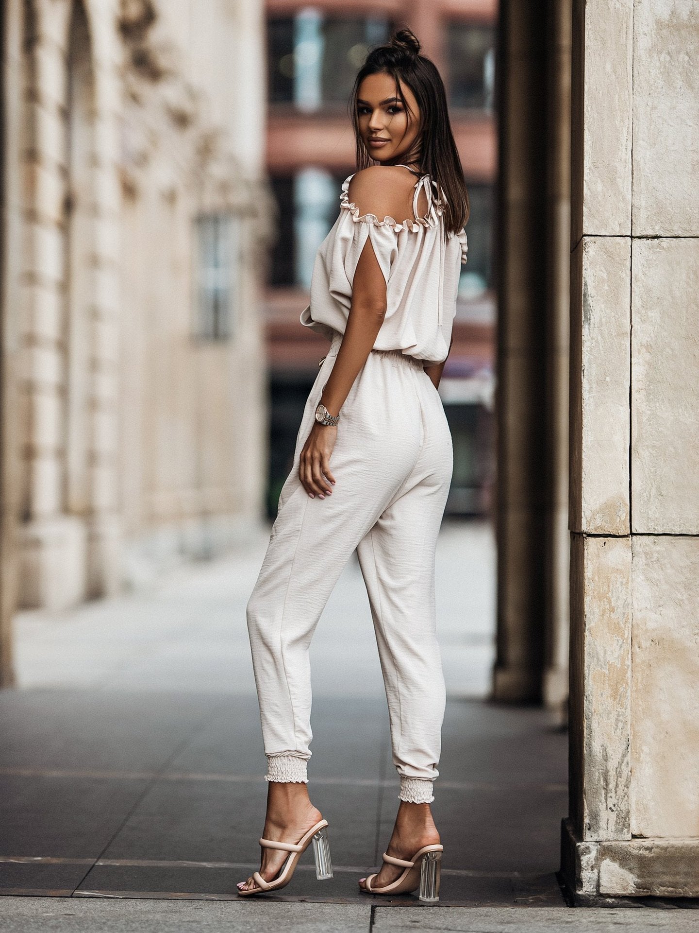 Dame Jumpsuit Åpne Skuldre V-hals Polyester Elegant Komfortabel-3