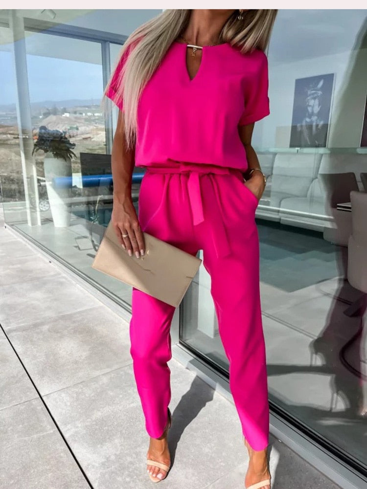 Kvinne Jumpsuit V-hals Korte Ermer Polyester-2