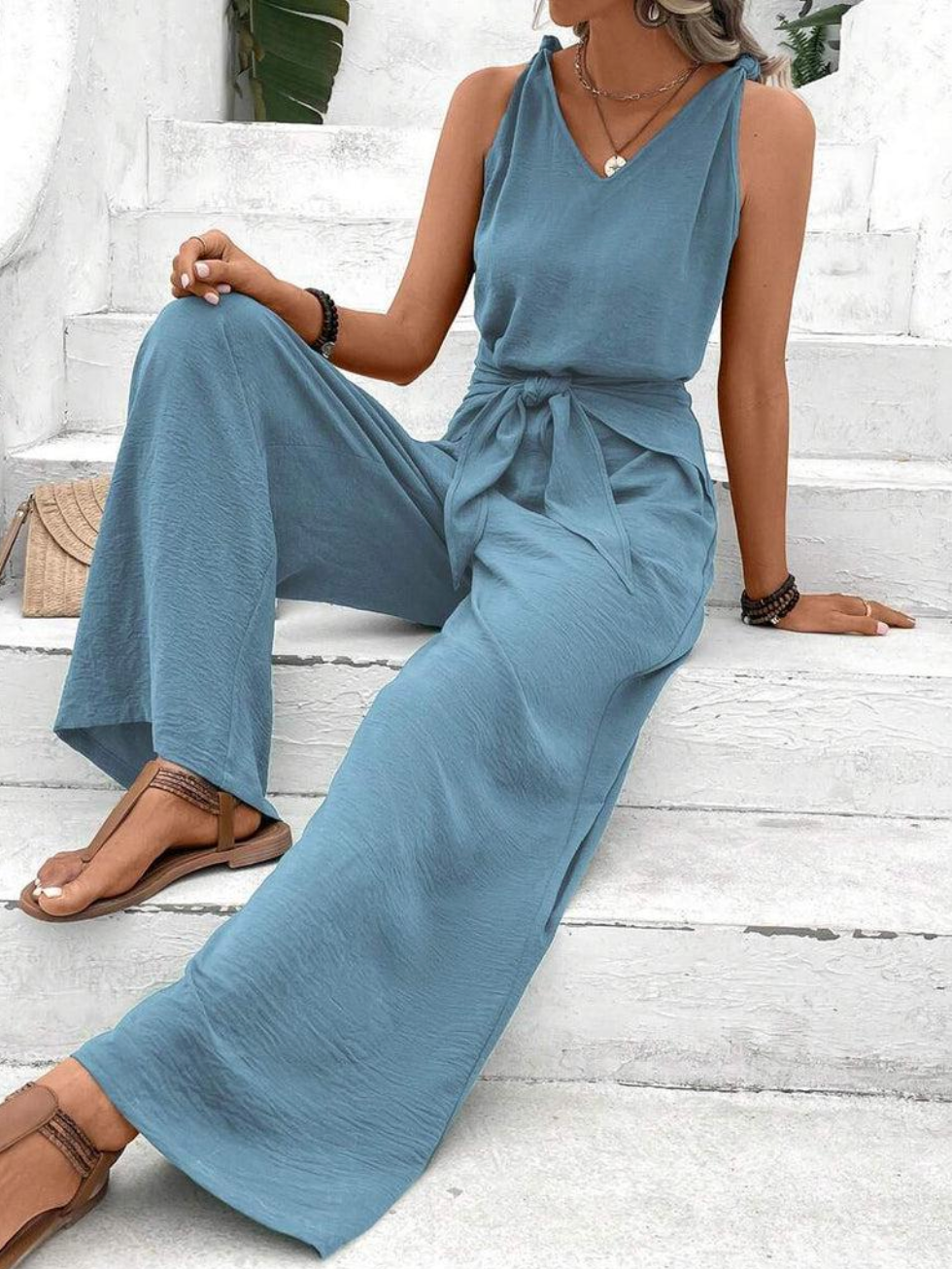 Dame Jumpsuit Ermeløs V-Hals Bredbente Lett Stoff-3