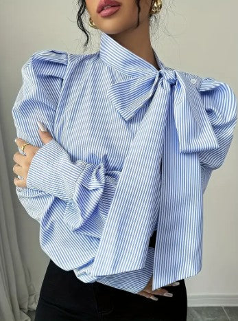 Dame Bomullsbluse Elegant Sløyfe Pustende Materiale