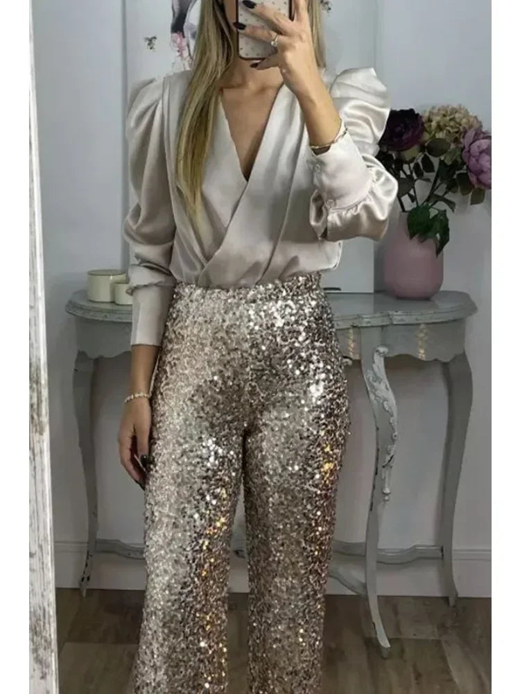 Dame Festbukser Glitrende Paljetter Polyester Elastisk Midjebånd 2