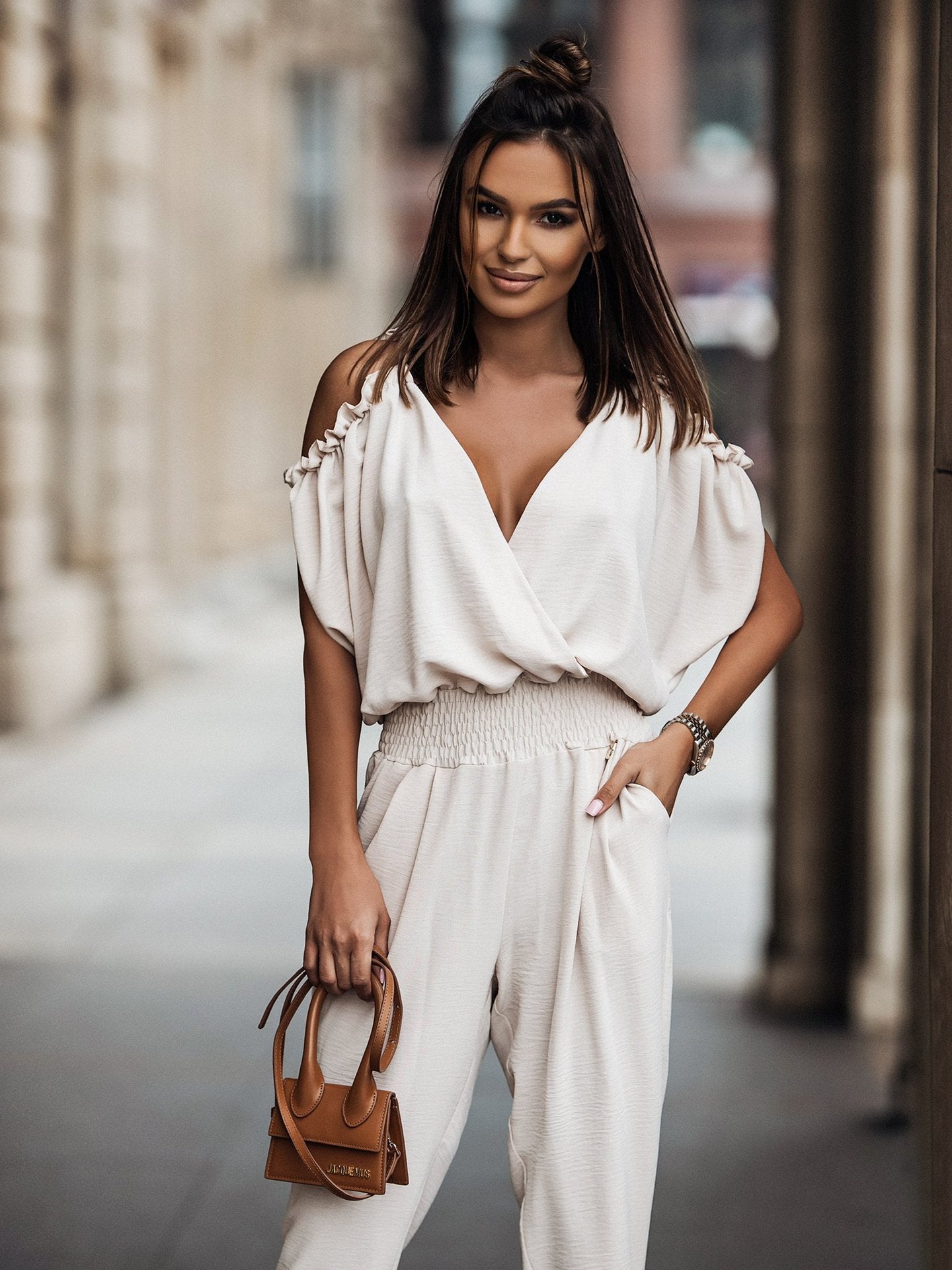 Dame Jumpsuit Åpne Skuldre V-hals Polyester Elegant Komfortabel-2