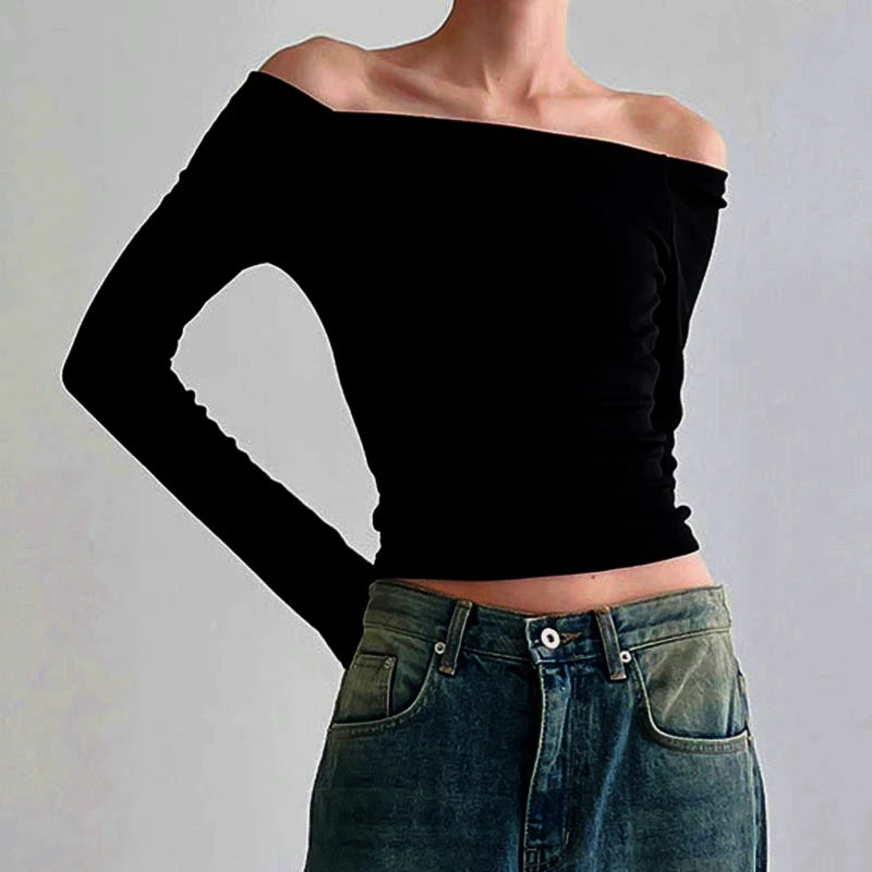 Solide off shoulder topper med lange ermer