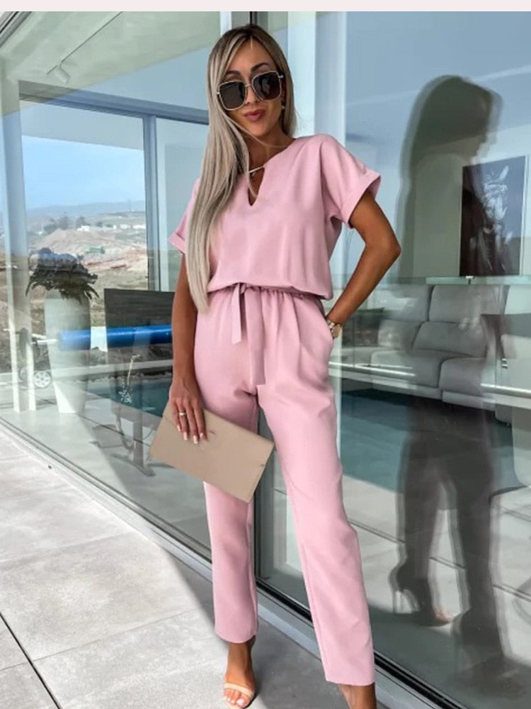 Kvinne Jumpsuit V-hals Korte Ermer Polyester-4