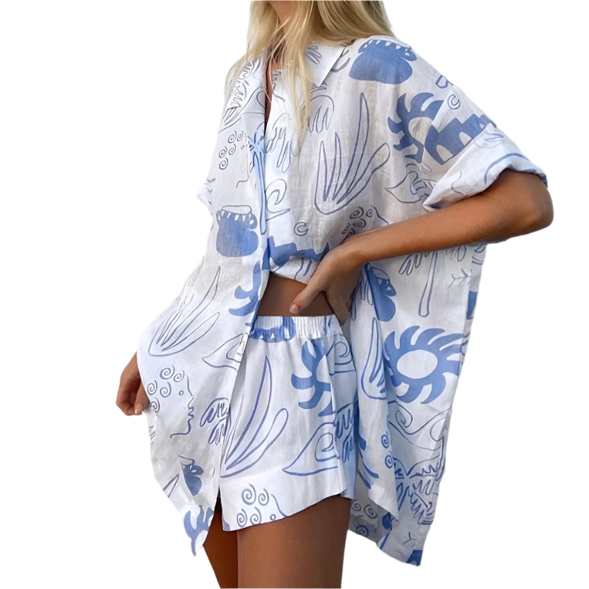 Sett Dame Oversized Skjorte og Shorts Lett Pustende 0