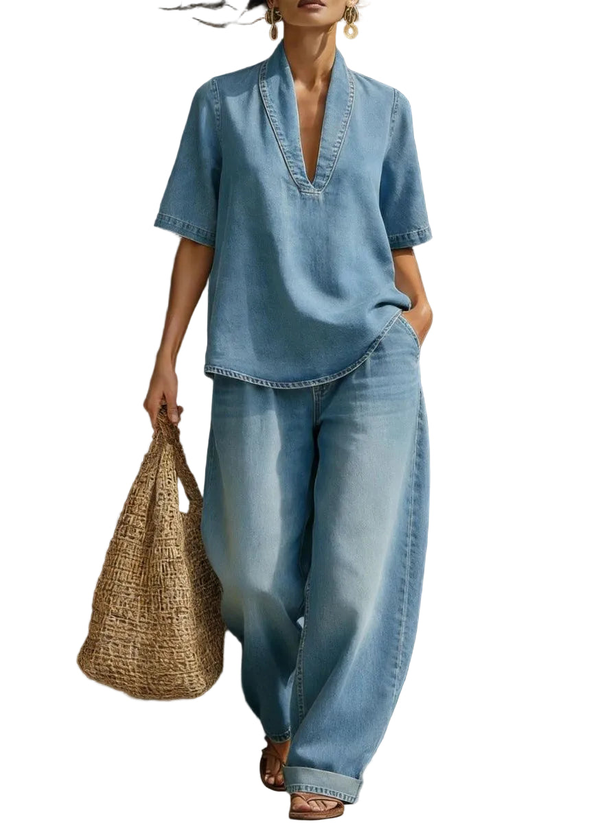 Sett Dame V-hals T-skjorte og Jeans Uformell Stil 0