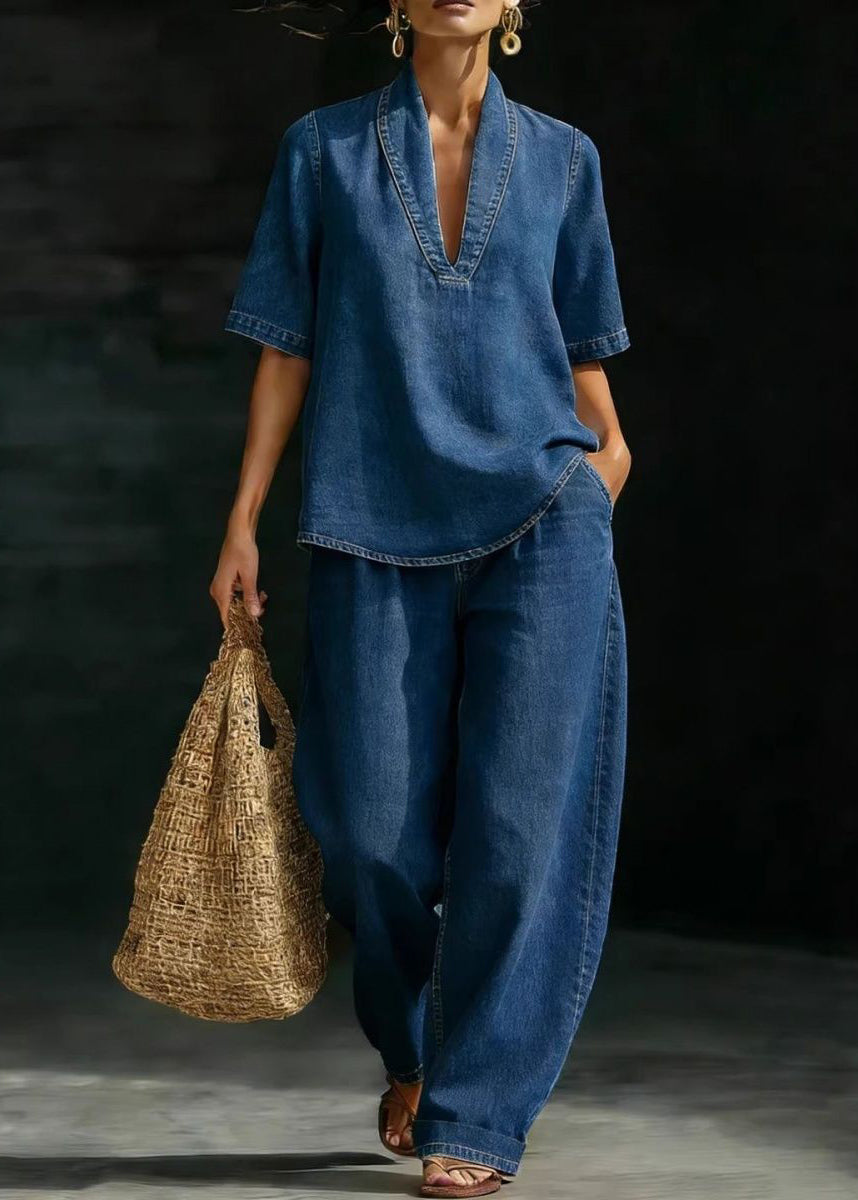 Sett Dame V-hals T-skjorte og Jeans Uformell Stil 1