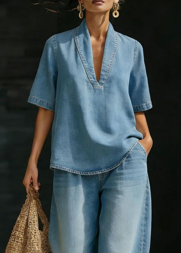 Sett Dame V-hals T-skjorte og Jeans Uformell Stil 3