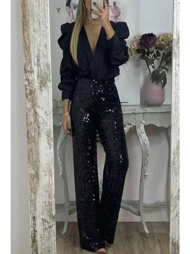 Dame Festbukser Glitrende Paljetter Polyester Elastisk Midjebånd 3