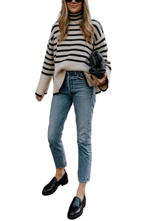 Strikkegenser Dame Stripete Design med Sidesplitt 0