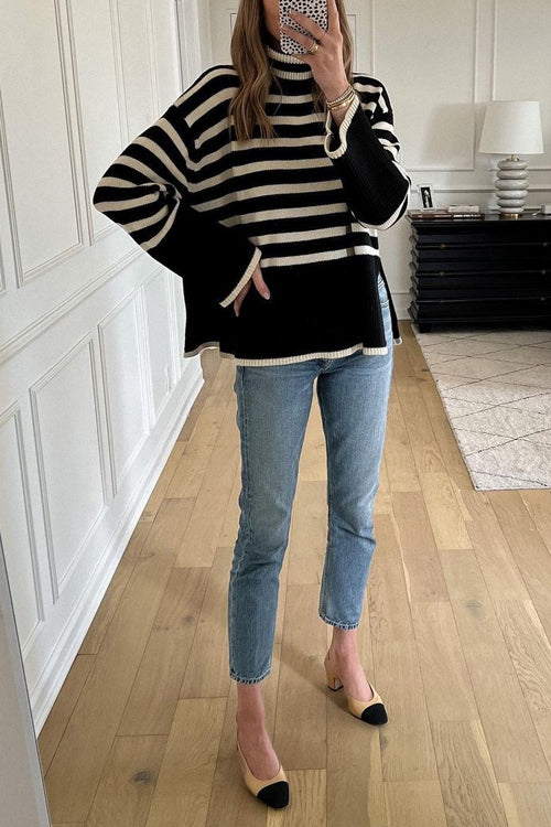 Strikkegenser Dame Stripete Design med Sidesplitt 3