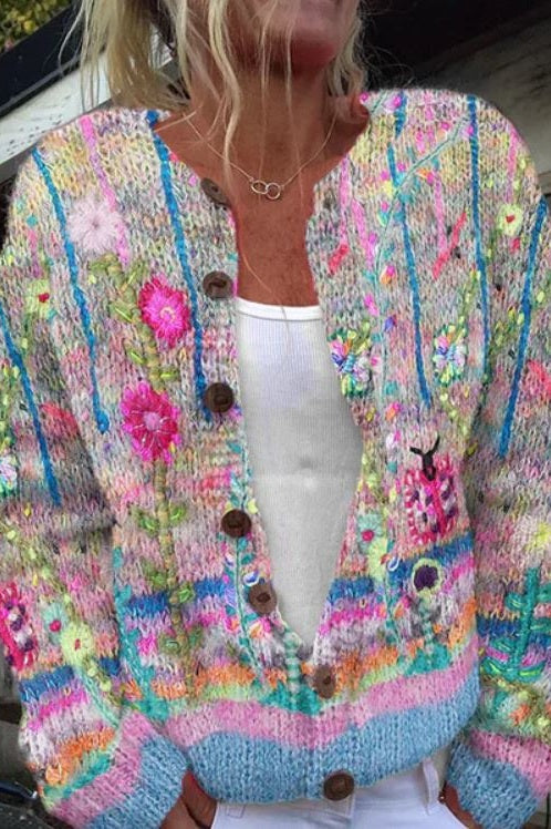 Strikket Cardigan Dame med Blomstermønster Løs Passform 0