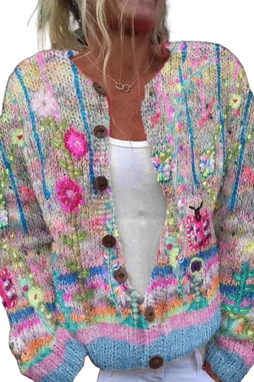 Strikket Cardigan Dame med Blomstermønster Løs Passform
