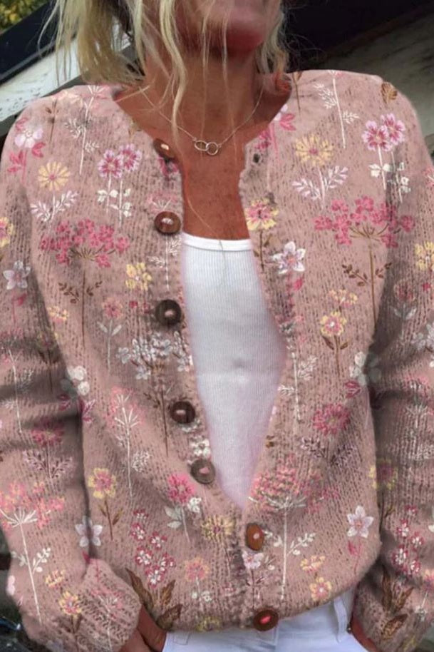 Strikket Cardigan Dame med Blomstermønster Løs Passform 1
