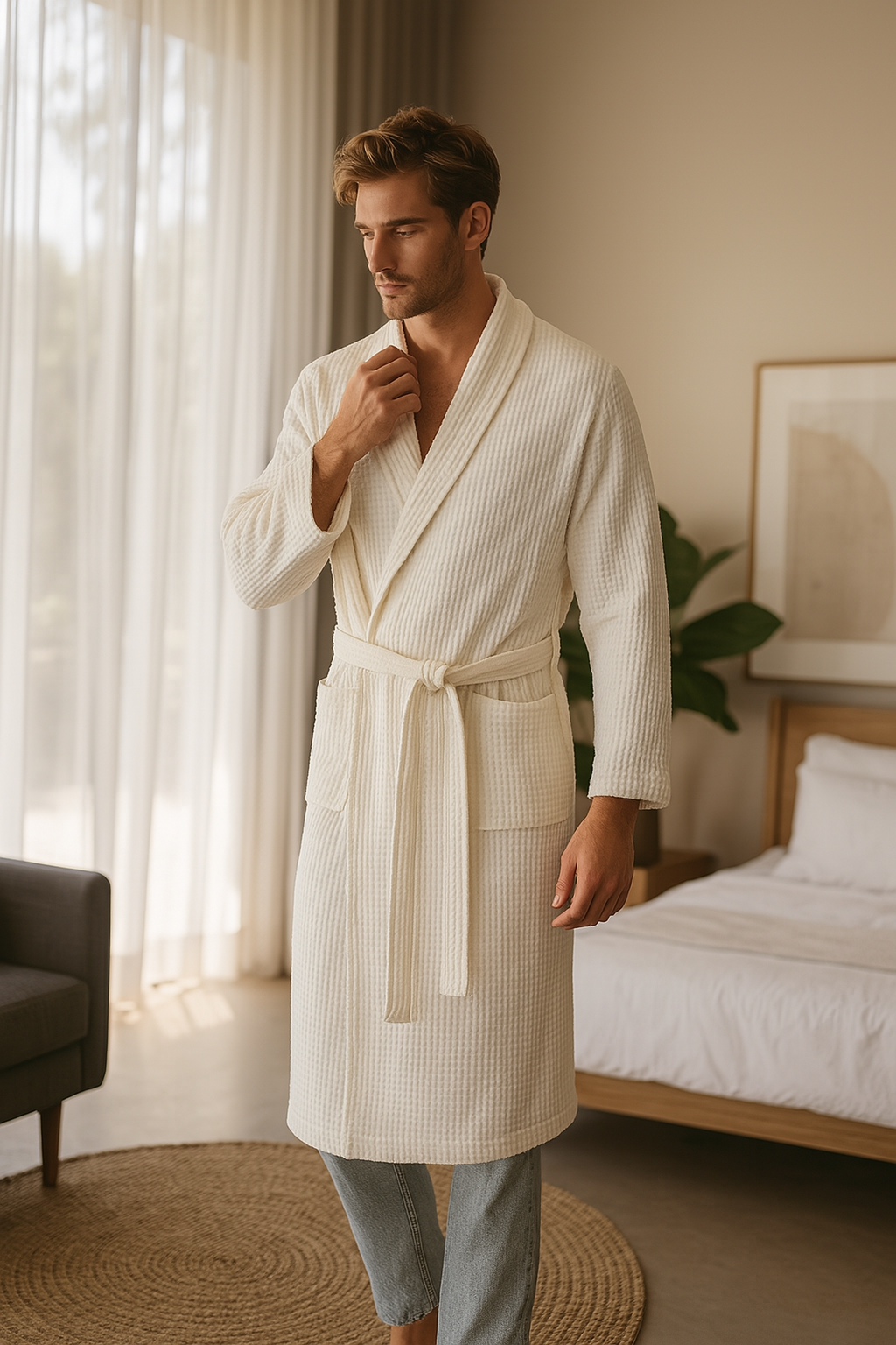 Unisex Badekåpe med Waffle Struktur og Lommer 3