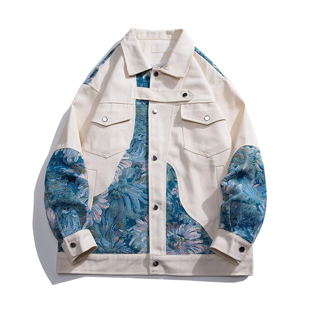 Unisex Denimjakke med Blomsterpaneler Løs Passform 1