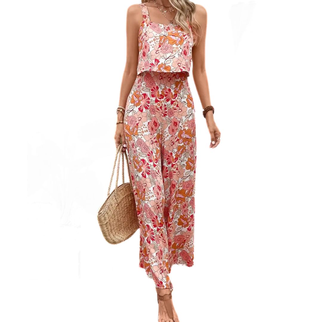 Dame Jumpsuit Blomstertrykk Vintage Polyester Firkantet Utringning 1