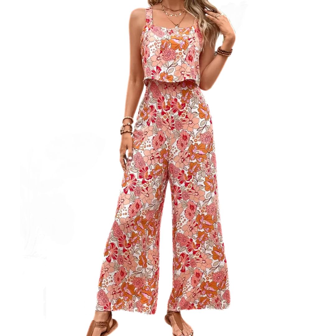 Dame Jumpsuit Blomstertrykk Vintage Polyester Firkantet Utringning 6