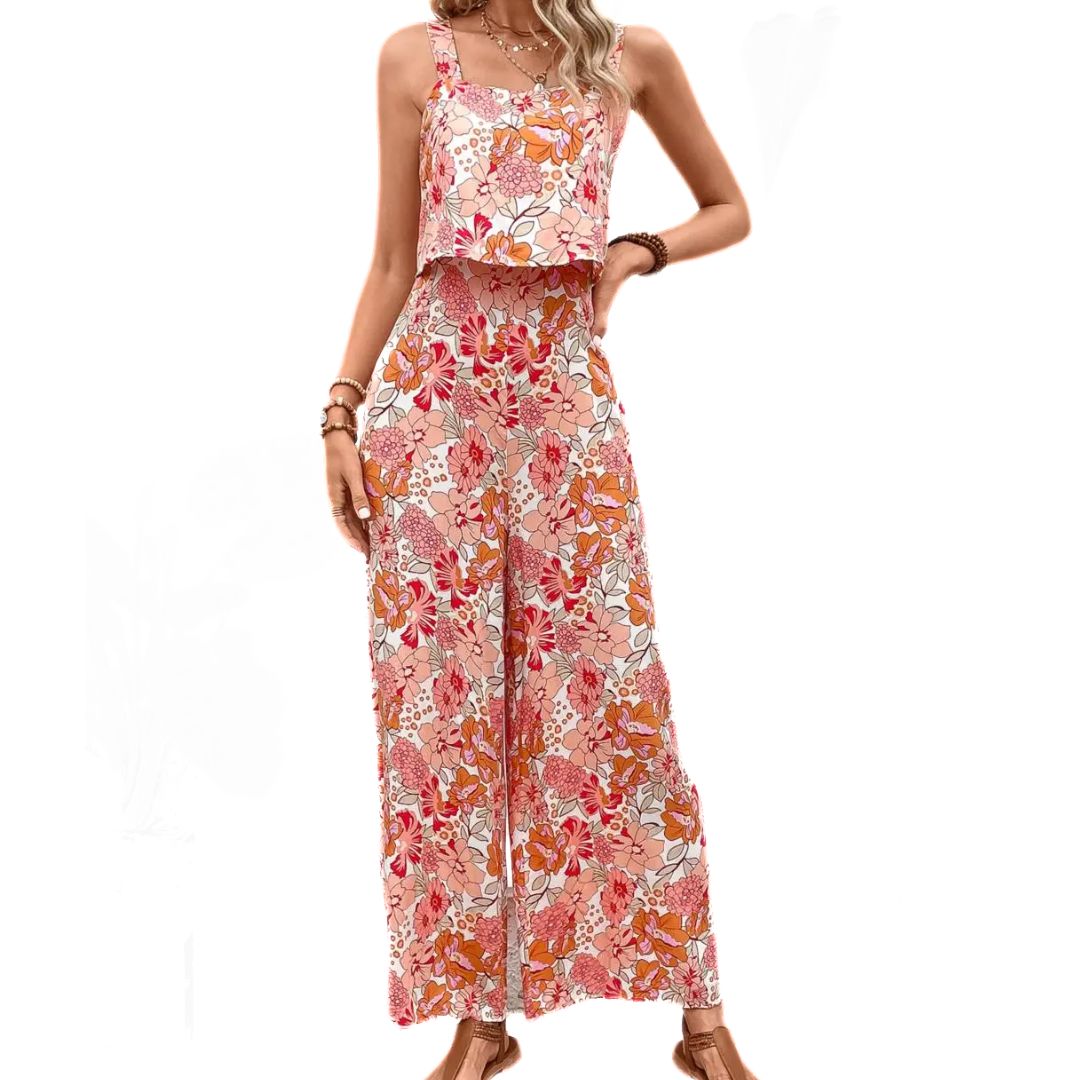 Dame Jumpsuit Blomstertrykk Vintage Polyester Firkantet Utringning 5
