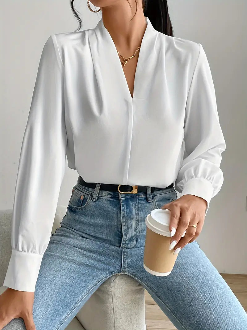 Variant image for Dame Bluse Hvit V-Hals Elegant Polyester-5