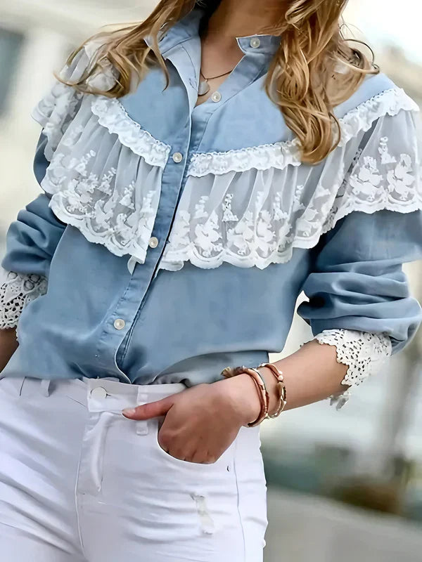 Dame Denimskjorte med Blonder Detaljer Allsidig Komfortabel Denim