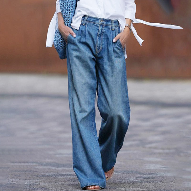 Damejeans Bredt Kutt Slitesterk Denim Komfortabel Passform-1