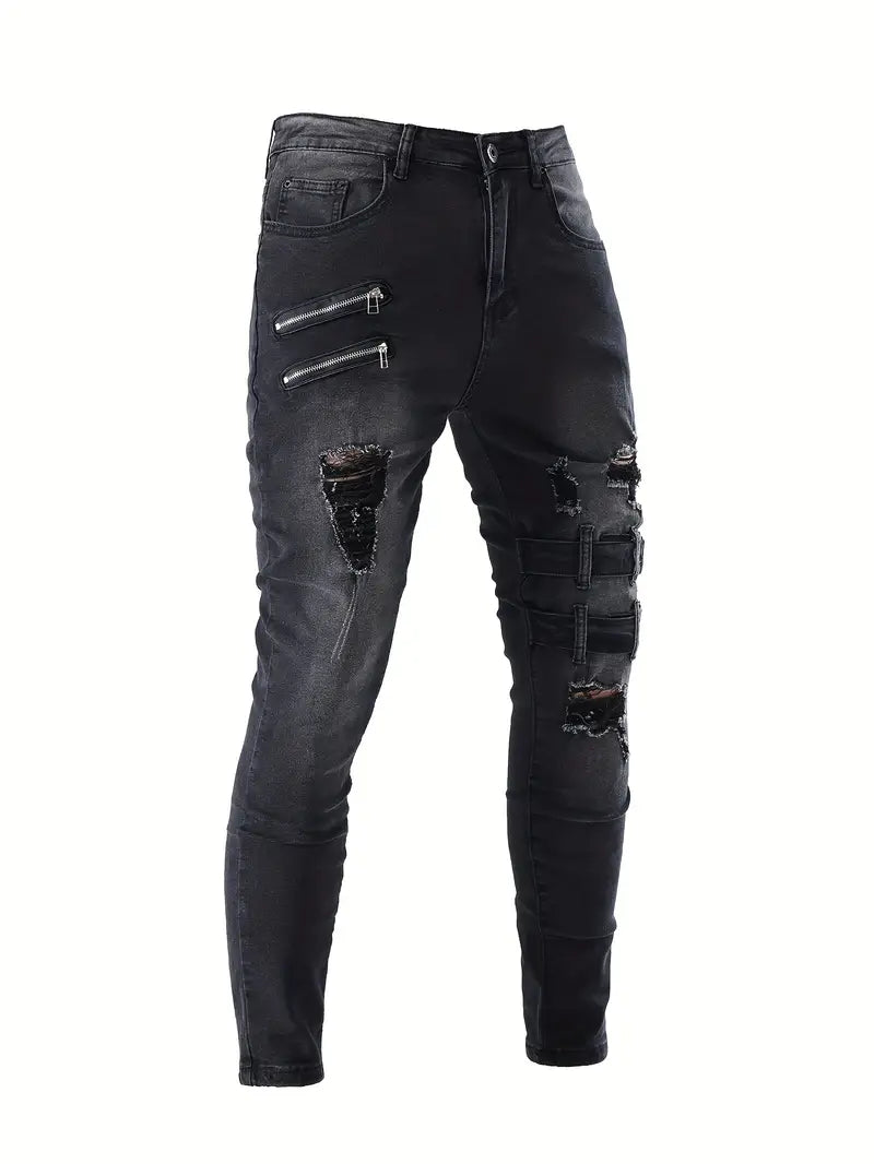 Herre Bikerjeans Casual med Vatterte Detaljer Denim-5