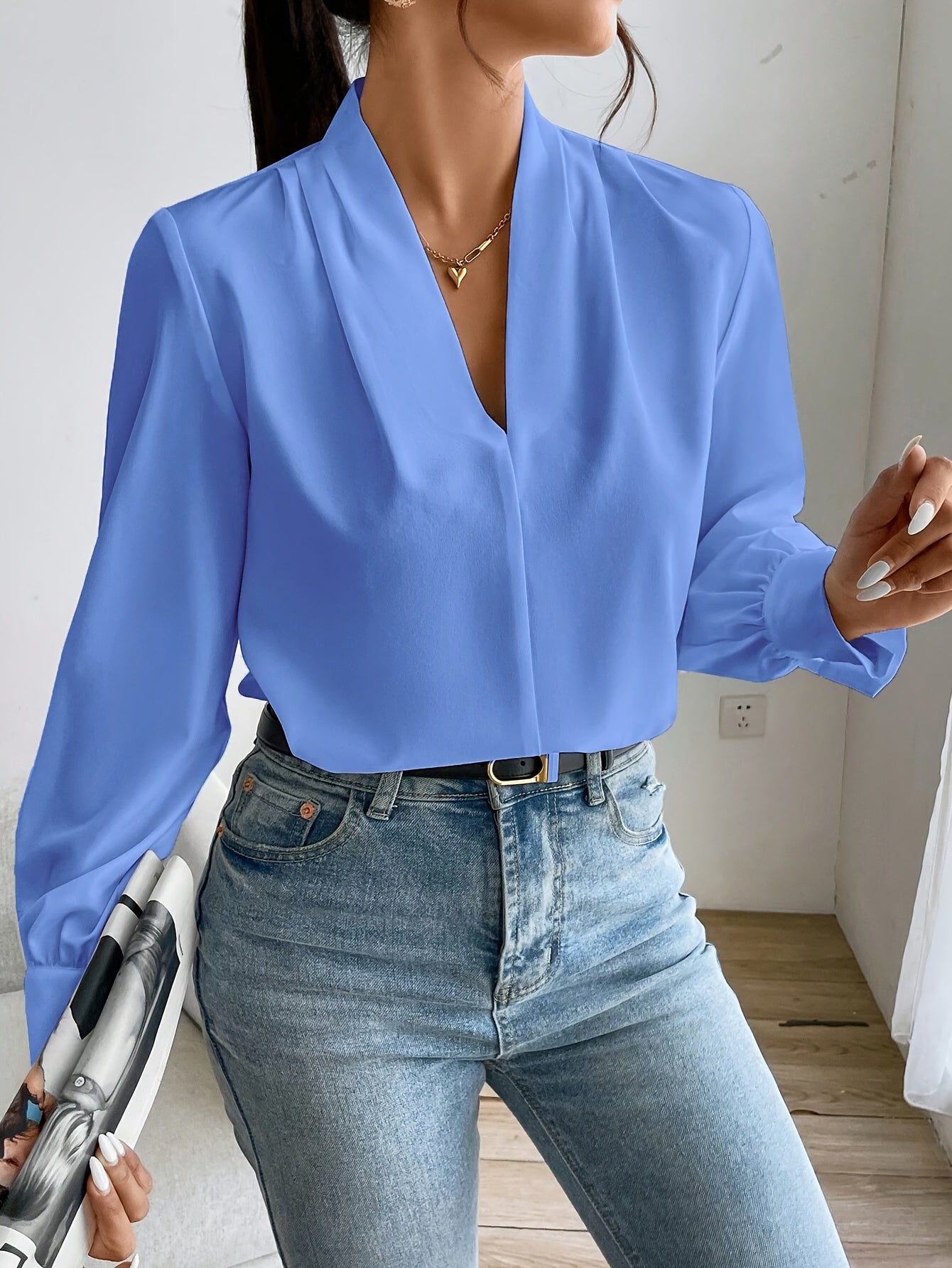 Dame Bluse Hvit V-Hals Elegant Polyester-1
