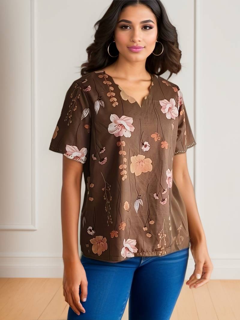Variant image for Kvinne Bluse Løs Passform Polyester Blomstertrykk-25