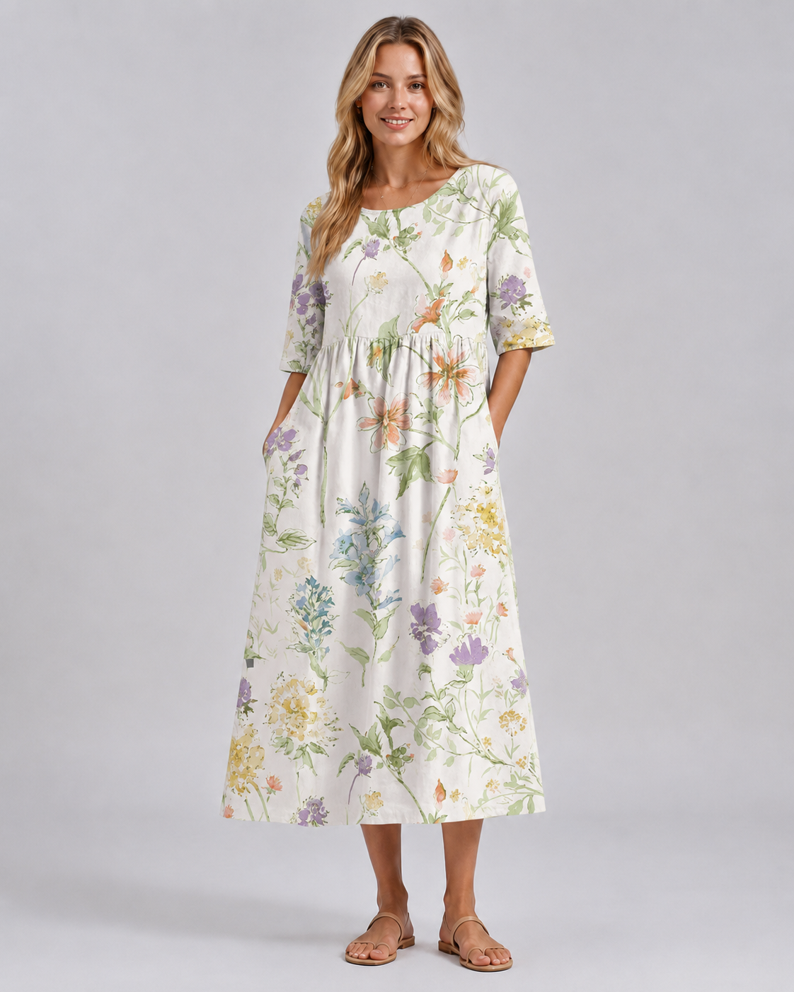 Dame Midi Kjole Blomstret Avslappet Stil