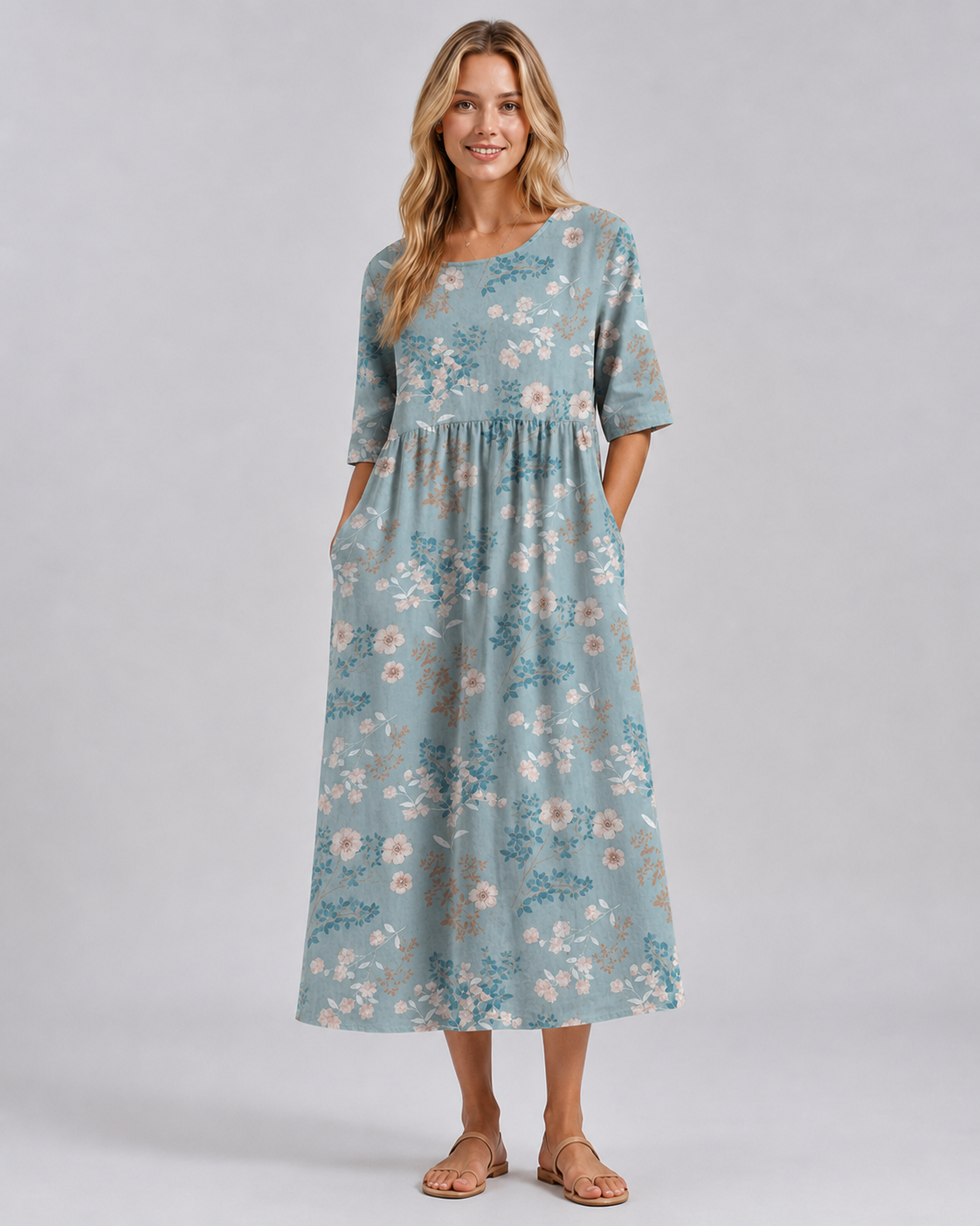 Dame Midi Kjole Blomstret Avslappet Stil