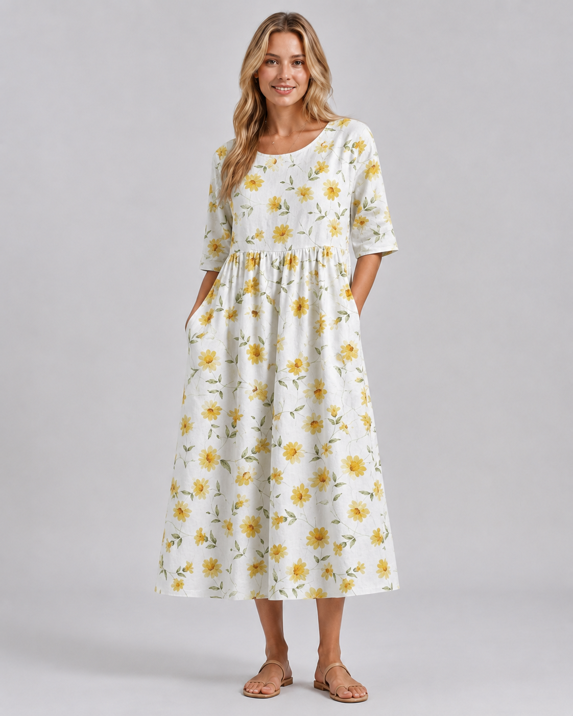 Dame Midi Kjole Blomstret Avslappet Stil