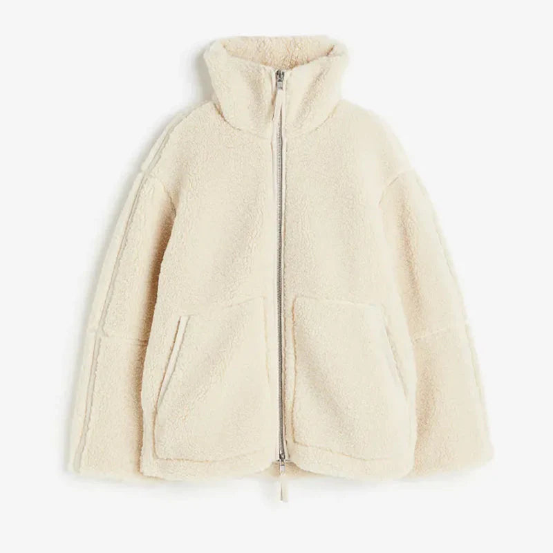 Dame Teddyjakke Løs Passform Myk Polyester Blandingsmateriale-1