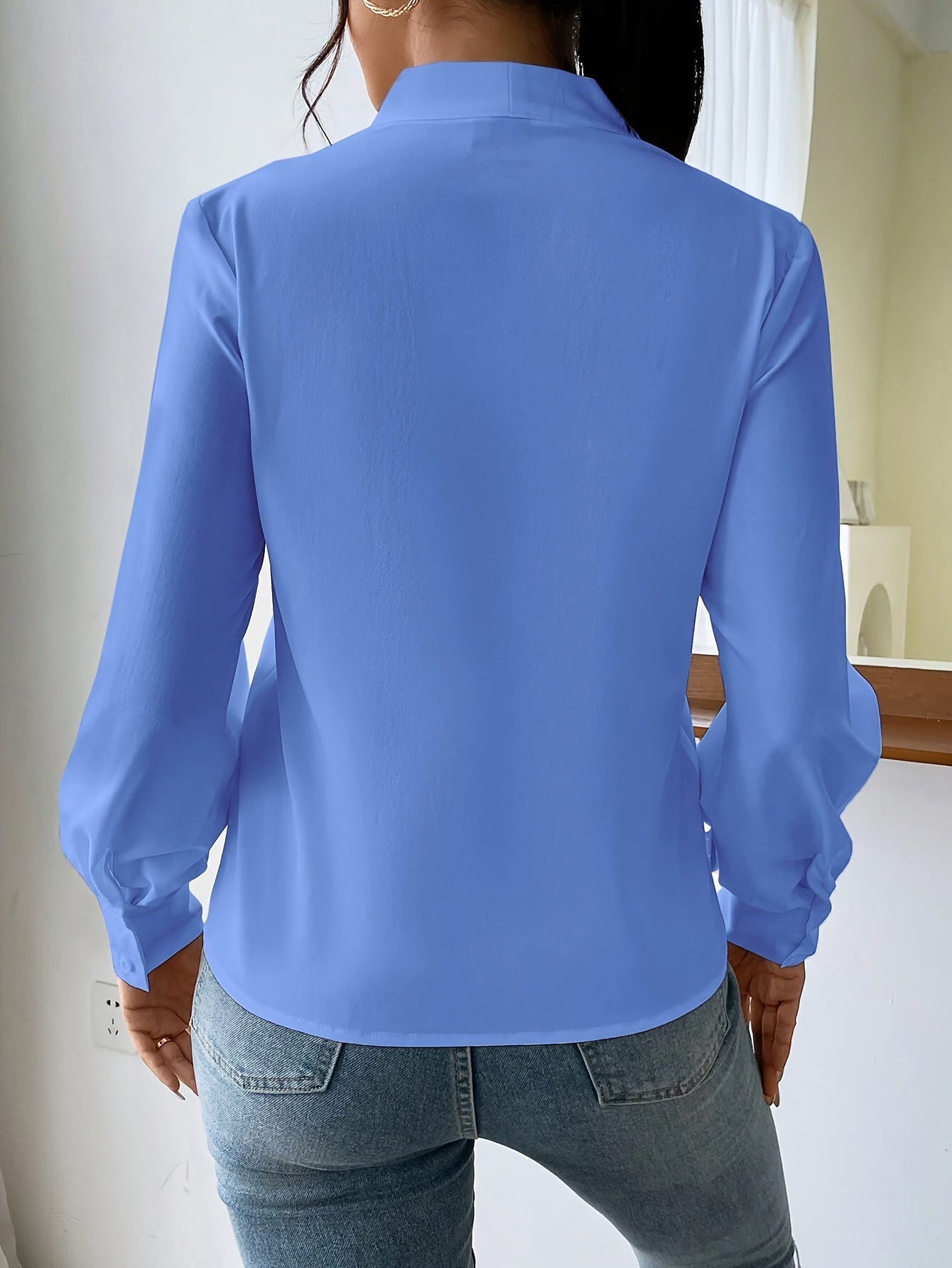 Dame Bluse Hvit V-Hals Elegant Polyester-3