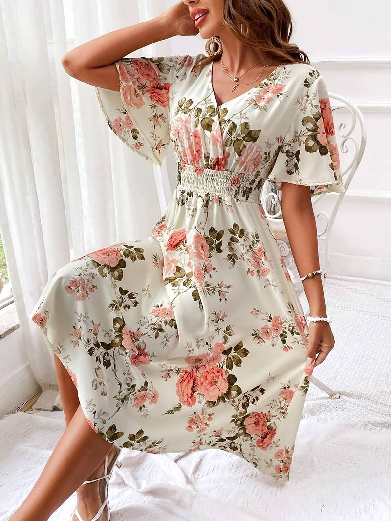 A-linje Kjole V-hals Ruffle Ermer Polyester Blomsterutskrift