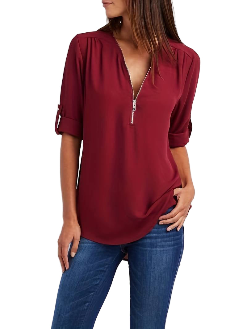 Variant image for Bluse Dame Uformell med Rull-ops og Halv Glidelås i 100% Bomull-1