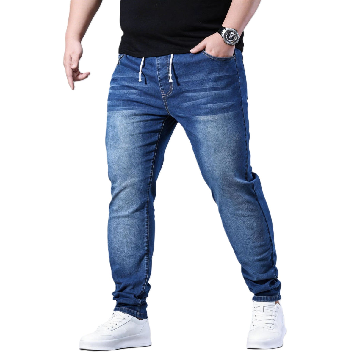 Herre Joggebukse I Denim Med Snøring Og Justerbar Passform