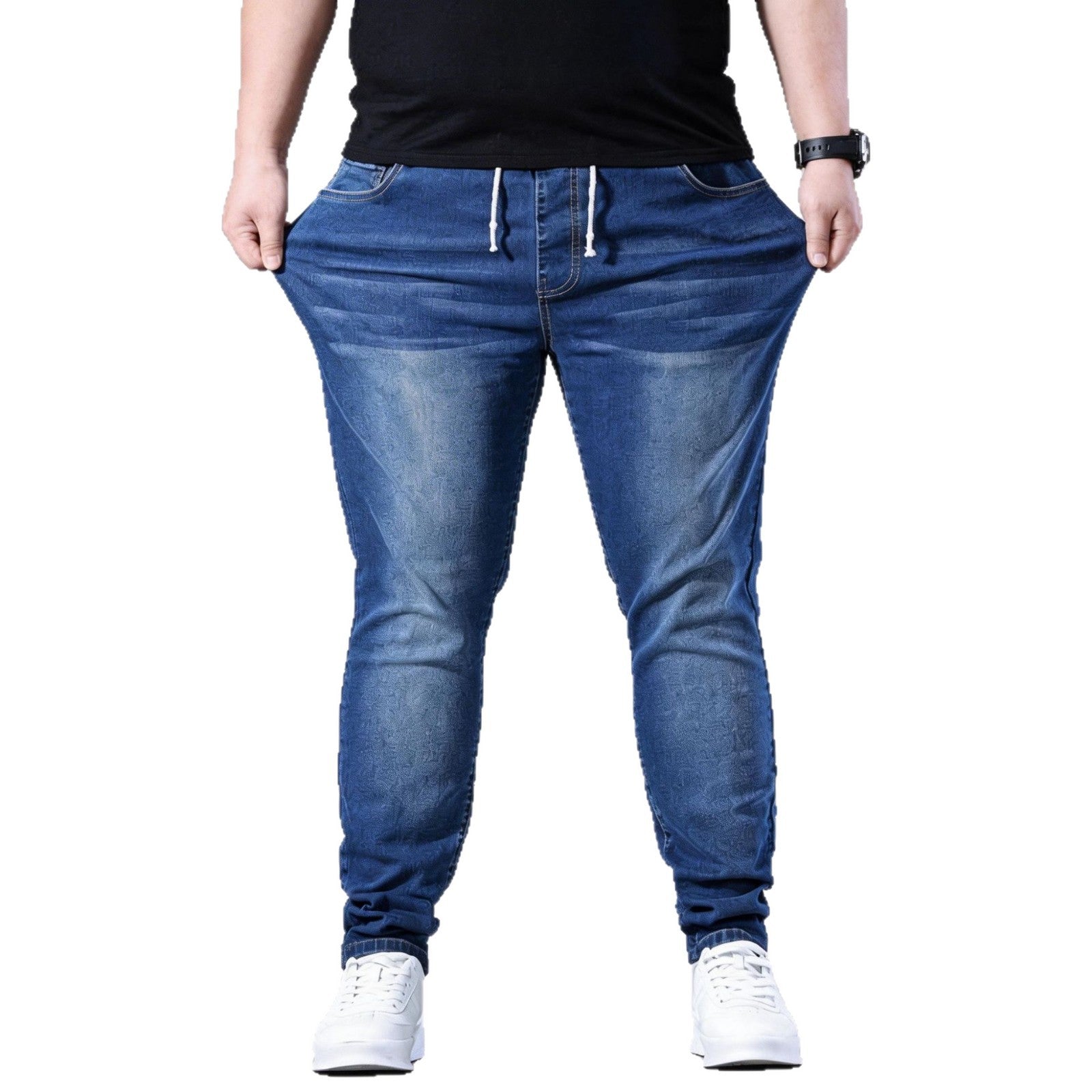Herre Joggebukse I Denim Med Snøring Og Justerbar Passform