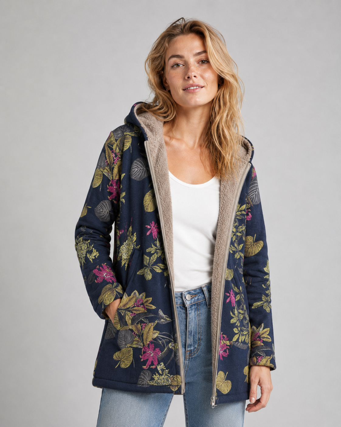 Kvinnelig Fleecejakke med Hette og Blomsterdesign