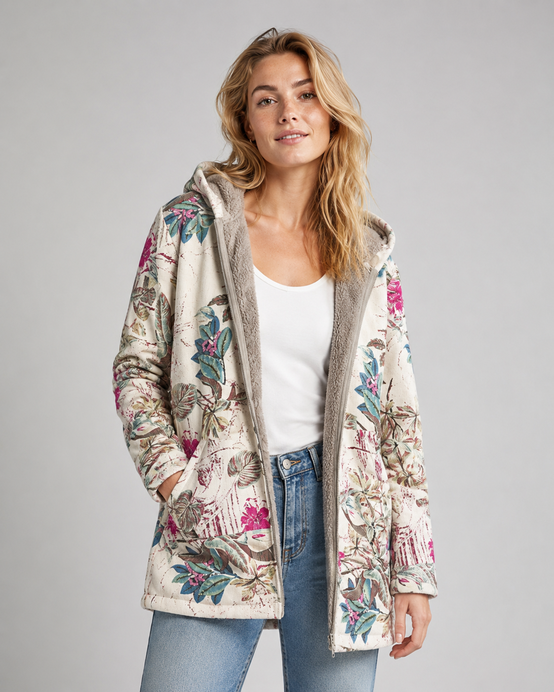 Kvinnelig Fleecejakke med Hette og Blomsterdesign