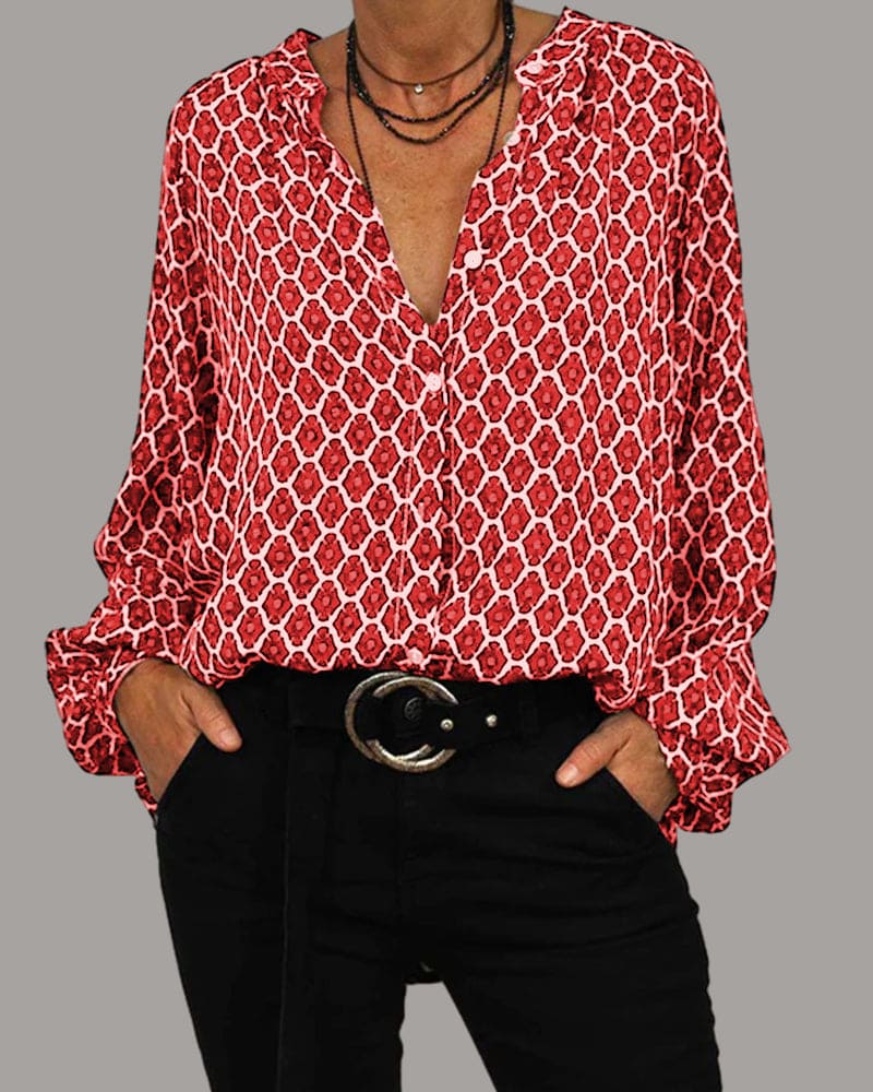 Variant image for Dame Bluse V-hals Geometrisk Mønster Bomullsblanding-9