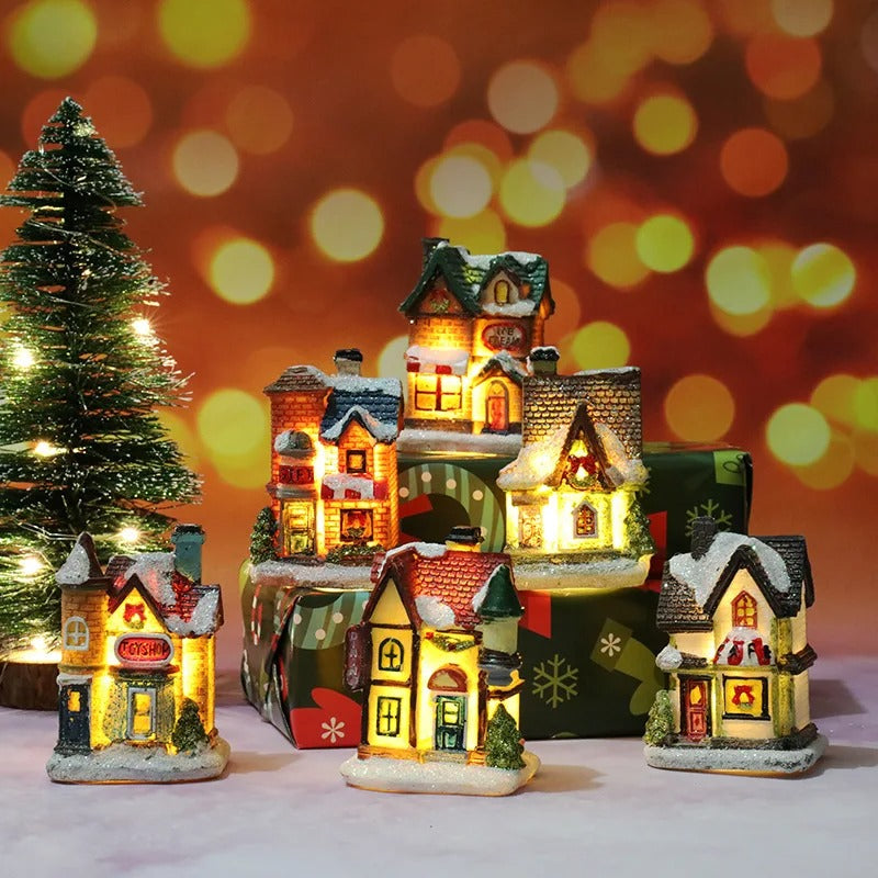 6 stk sett LED julescene landsbyhus