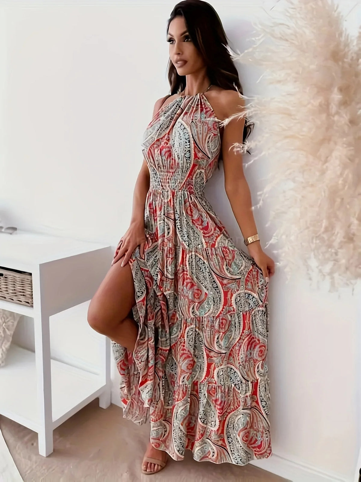 Vintage halterkjole med boho-trykk for kvinner