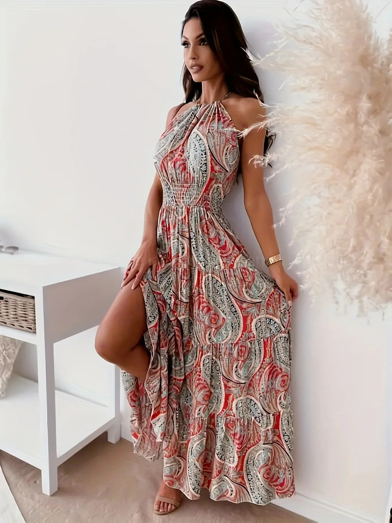 Vintage halterkjole med boho-trykk for kvinner
