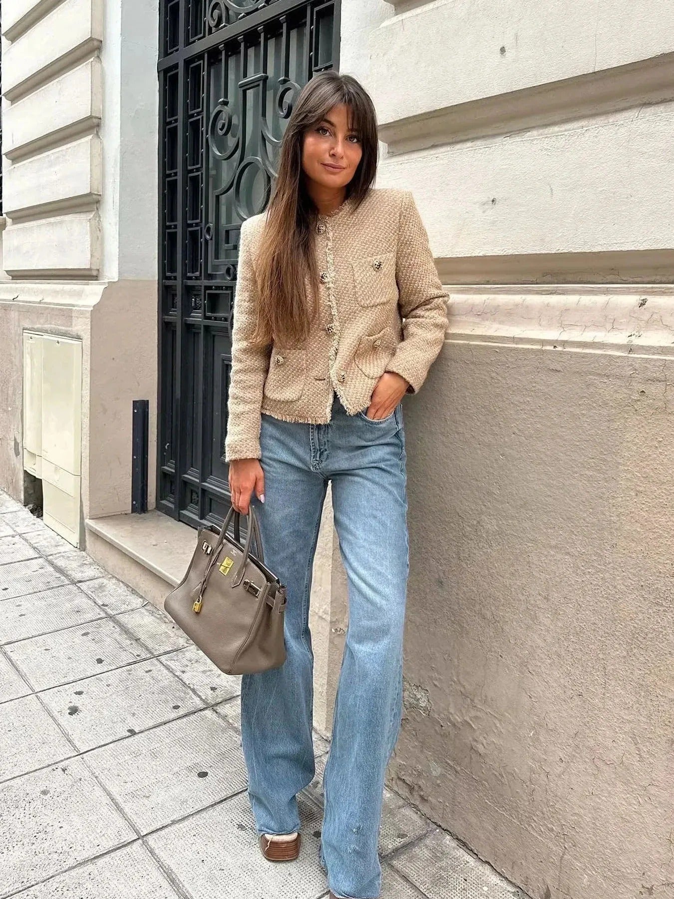 Tweed cropped jakke for kvinner